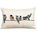 12x20 Lumbar Pillow Decorative Throw Pillows,Small Throw Pillows for Couch,Hand-Painted Outdoor Birds Pillowcases,Spring Summer Pillows Decorative Throw Cushion Covers Linen for Sofa Teal Blue