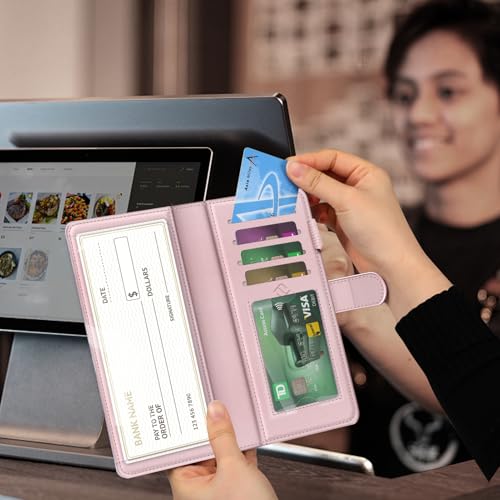 Image of FINTIE Checkbook Cover for Personal Checkbook, RFID Blocking Big Capacity Standard Register Duplicate Checks with Pen Holder, Cards Slots (Marble Pink)