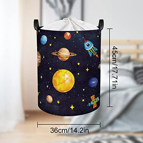 Clastyle 45L Boys Black Planets Nursery Hamper Collapsible Outer Space Laundry Basket With Drawstring Waterproof Kids Room Storage Basket With Handle, 14 * 17.7 In #TOP6