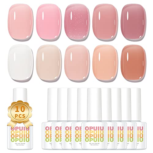 OPUIU Jelly Gel Nail Polish Set, 10 Colors Nude Gel Polish Kit Neutral Milky White Sheer Light Pink Natural Gel Polish Transparent Red Shimmer Shellac Gel Nail Polish, Soak Off UV Translucent Nail Polish Gel Salon Manicure DIY Home Nail Art Design Valentine's Day Gifts for Girls
