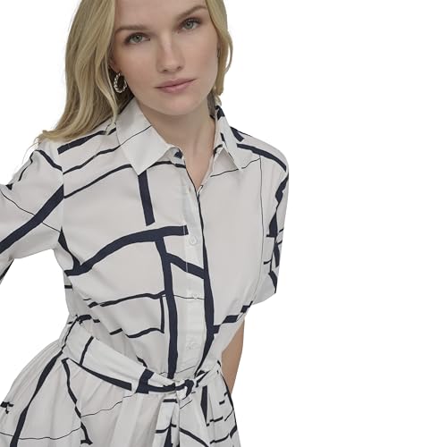 Image of DKNY Women's Short Sleeve Cotton Poplin Collared Midi Shirtdress