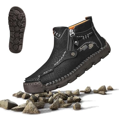 Stepthetop Motorcycle Boots, Sawbehind Mens Boots, Hand-Stitched Genuine Leather Boots-Wide Toe, Waterproof/Anti-Slip/Anti-Sprain Suitable for Work, Driving, Hiking