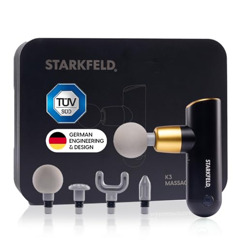 STARKFELD® STARKGUN® DELUXE – Leistungsstarke Massagepistole für Tiefengewebe | Leise & Effizient | 4 Aufsätze | Tragbar mit 