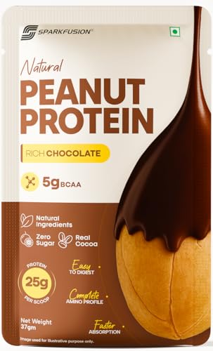Image of SparkFusion Natural Peanut Protein Isolate - 10 Pck- 25g Protein, 5g BCAA, Zero Sugar, Gut-Friendly, Vegan, Lab-Tested, No Artificial Additives (370g (Pack of 10), Rich Chocolate)