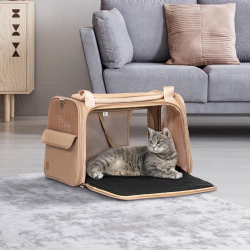 Petsfit Transportbox Hund Katze Faltbar Hundetasche für kleine Hunde Katzen Tragetasche mit verstellbarem Schultergurt & weiches expandierbare Kissen, M/Khaki