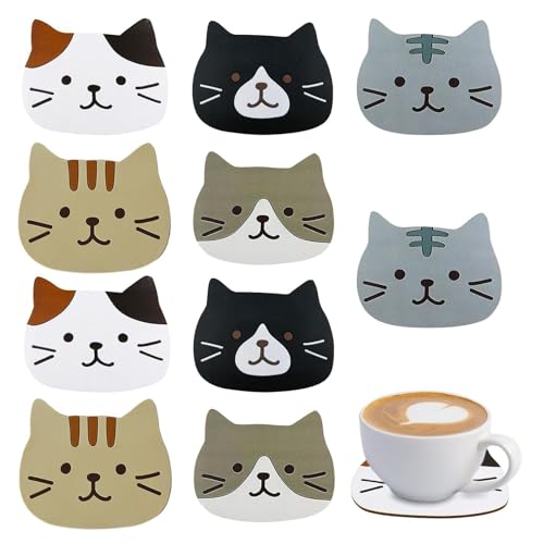 10 Pezzi Sottobicchieri Forma Gatto Legno, Sottobicchieris Bicchieri, Sottobicchieri Bevande Antiscivolo Resistenti Calore Per Tavolo,Ufficio, Bevande, Protezione Mobili
