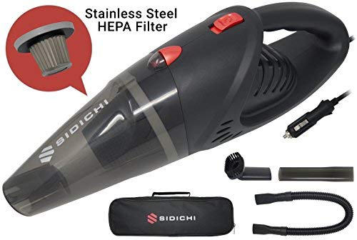 Sidichi car vacuum cleaner - electric 12v 120w portable handheld valeting hoover kit for car interior & upholstery- 5m cord- Stainless Steel HEPA filter- 4500pa strong suction- wet/dry