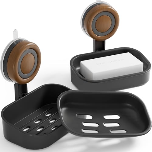 Double Layer Soap Dish for Shower 2 Pack, Wall Mounted Bar Soap Holder Suction Cup 2 Layer Self Draining Soap Case Sponge Holder for Shower Bathroom, Tub and Kitchen Sink, Drill-Free Tray (Black)