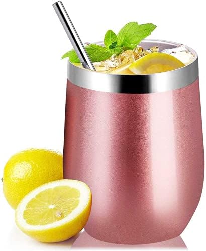 12oz Insulated Stainless Steel Wine Tumbler with Lid and Straw, Double Walled Wine Glass Tumbler Gift for Women, Great for Hot & Cold Drinks -Wine, Champagne, Coffee, Ice Cream(Rose Gold
