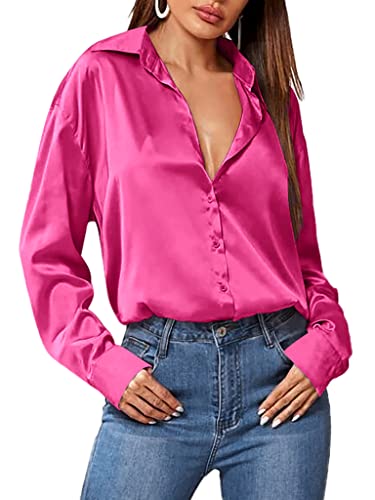 Zeagoo Satin Women's Button Down Turn Down Collar Work Shirt Silk