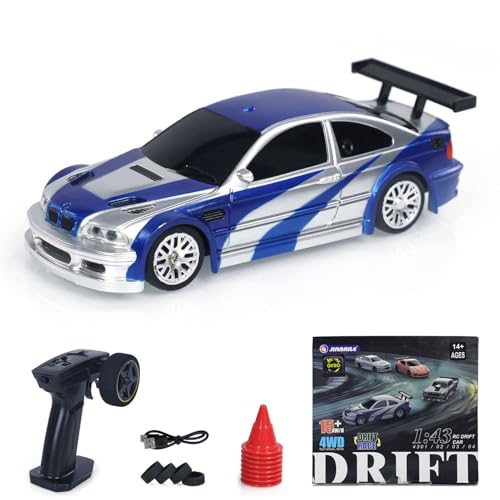 wheelfun 1/43 Scale RC Drift Race Vehicle Upgraded Gyro Version 4WD Ready to Go Small Toy Car Mini Remote Control Car High Speed Model for Hobby Collection Gift Boys(Blue and Silver), US in Stock