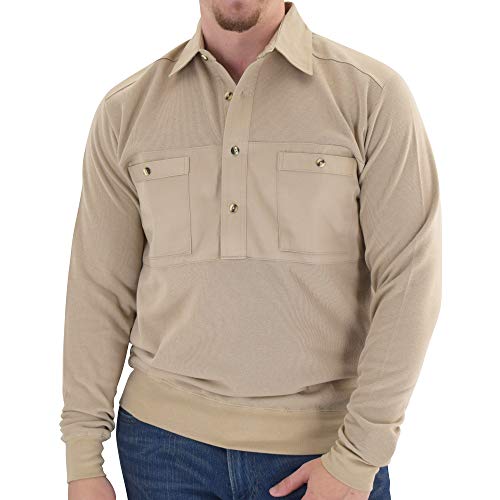 Mens Long Sleeve Solid Knit Banded Bottom Shirt with Woven Chest Panel 6042-22N (L, Heather TAN)