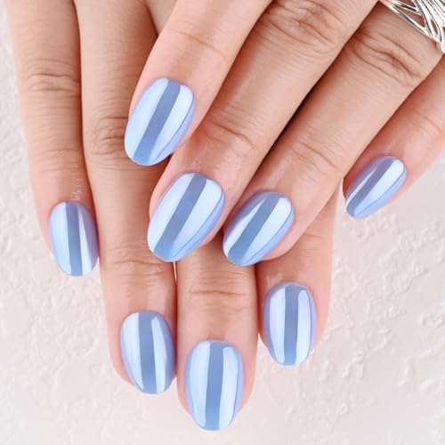 evpct Sky Blue Glazed Metal Chrome Aurora Press on Nails Short Oval