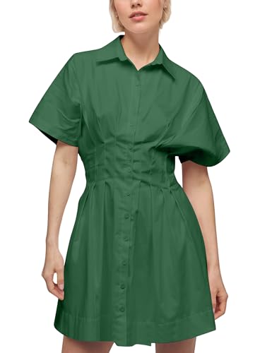 Image of Women Summer Short Sleeve Button Front Pleated Shirt Dress Striped Collar V Neck Casual Y2k Swing Short Mini Dress