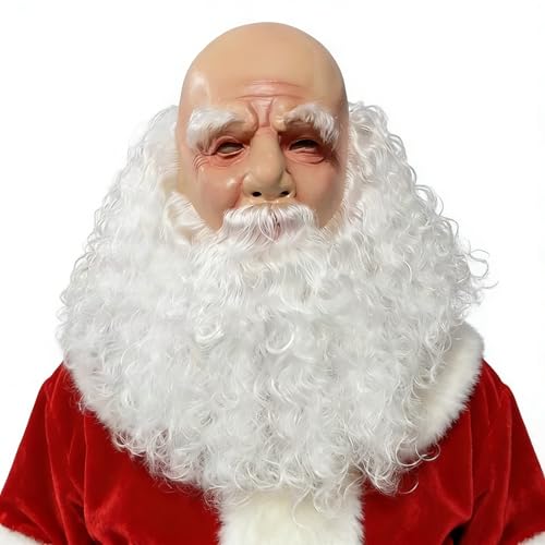 x-merry toy Bald Santa Claus Mask for Adults Christmas Full Head Latex Masks with Beard & Hair for Theatrical Costume & Cosplay Party Props