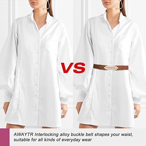 Awaytr Skinny Belts For Women Dresses - Retro Olive Leaves Buckle Stretchy Elastic Belts For Jeans(Black+ Brown,Suitable Waist 25-32In) #TOP3