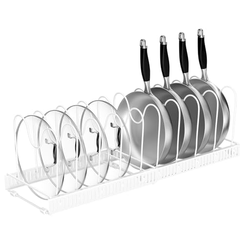 Fousenuk rangement couvercle casserole, Organiseur de Poêle avec 10 Compartiments Réglables, Porte-casseroles Support Extensible, organisateur poele, range...
