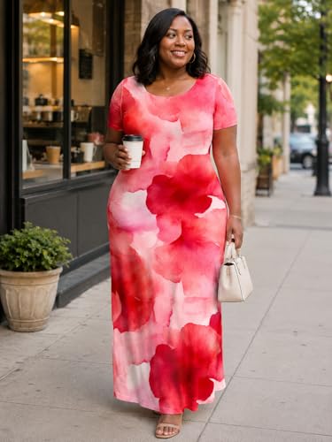 Image of SUZONANA Plus Size Maxi Dress for Curvy Women Summer Casual Sundress Short Sleeve Loose Vacation Dress