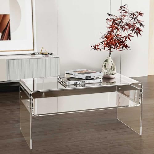 Image of MESAILUP 32inch Premium Clear Acrylic Rectangle Coffee Table with Storage Shelf for Living Room,Mid Century Transparent Waterfall Low Tea Table, Middle Size Table (32 inchx16 inchx16 inch) Fit for 2 Seat Sofa