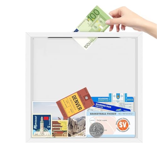 Travel Adventure Archive Box for Memories, 11.42 Inch Travel Concert Ticket Shadow Box with Slot, Life in a Box Picture Frame, Memory Display Case for Desk Wall Deco (White)