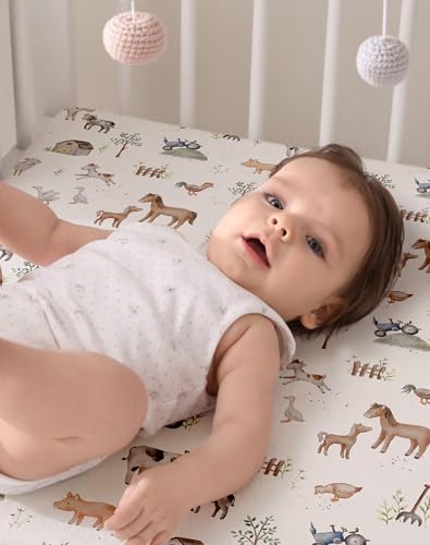 Image of Pack and Play Sheets 2 Pack, Fitted Jersey Knit Mini Crib Sheets for Baby Boys and Girls, Compatible with Graco Pack N Play and Mini Crib Mattress (Little Farm, Pack N Play /Mini Crib Sheets)