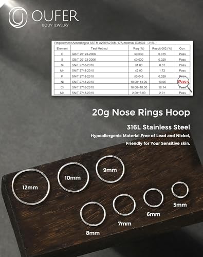 OUFER 20G Nasenring Chirurgenstahl 316L Nasenpiercing Ring 8 mm Piercing Nase Hoop Silber Nostril Nasenstecker Ohrpiercing Helix Daith Conch Frauen