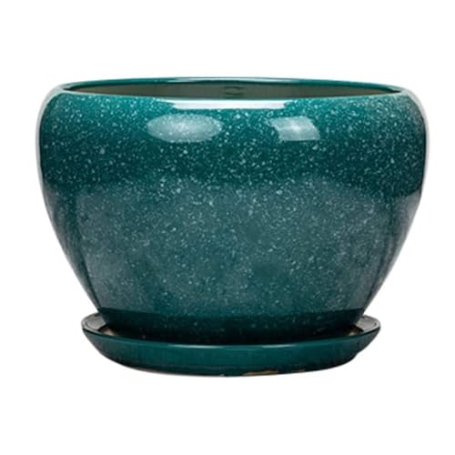 Image of Green ceramic plant pot with drainage hole, handmade flower pot with reactive glaze and matching saucer, modern round decorative plant pot for succulents, herbs and houseplants (24.5 x 22 cm)