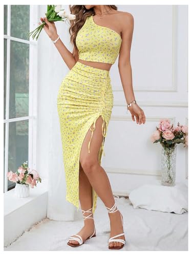 WDIRARA Women's 2 Piece Outfits Floral Print Skirt Set One Shoulder Crop Top Drawstring Split Skirt4