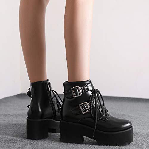 Image of Parisuit Womens Goth Patent Ankle Boots Platform Chunky Combat Boots | Lace Up, Gothic Boots, High Heel, Punk Short Booties, Buckle Boots, Chain Boots