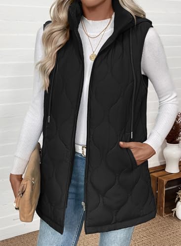 EVALESS Long Puffer Vest Women Sleeveless Hooded Puffer Jacket Lightweight Quilted Jackets Winter Warm Zip Up Coat Outerwear3