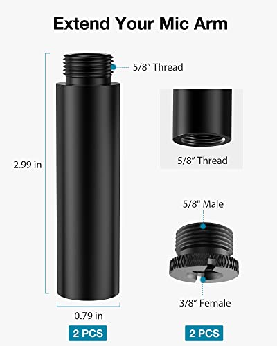 Innogear Mic Stand Extension Tube, 2 Pieces 5/8" Thread Microphone Extension Pipe Mic Extender With 2 Pcs 3/8" To 5/8" Metal Adapter For Desk Mic Boom Arm Stand For Shure Sm7B Mv7 Blue Yeti Quadcast #TOP1