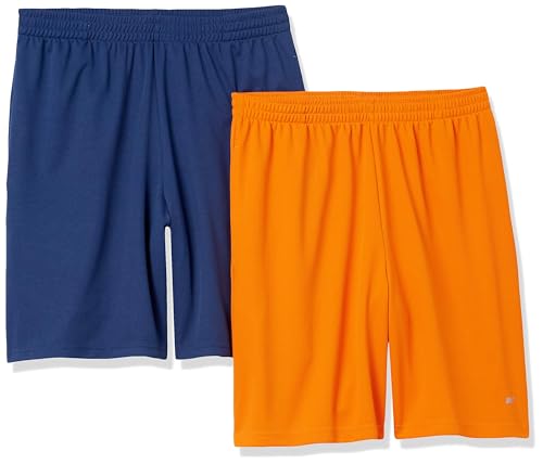 Amazon Essentials Men's Athletic Basketball Gym, Performance Tech Loose-Fit Training Shorts, Pack of 2, Navy/Tomato Red, L