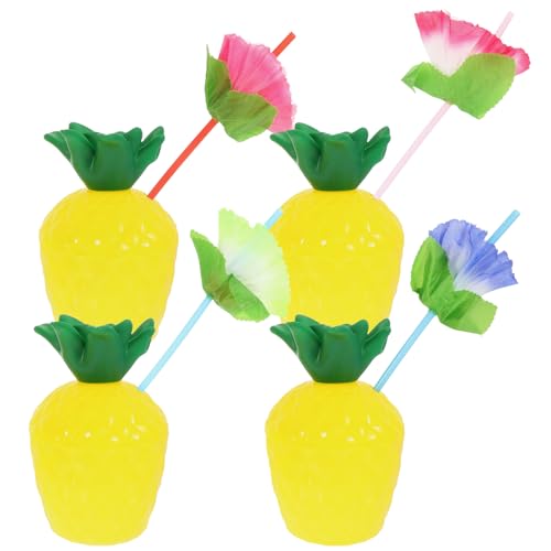 4 pcs Pineapple Cups with Lids Flower Straws Plastic Hawaii Drink Cups for Tropical Fruit Themed Beach Party Favors Decoration for Kids and Adults