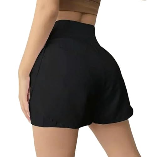 DMMWCX Women's Shorts Women's Yoga Wear High Waist Splicing White Quick Dry Comfortable Fake Two-Piece Shorts-Black-XL