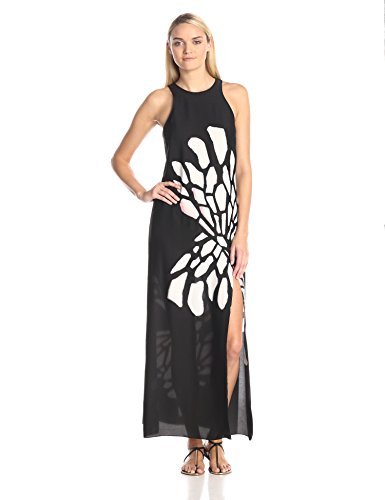 HALSTON HERITAGE Women's Satin Georgette Racerback Maxi Dress with Slit, Black Glowing Wings Print, 6