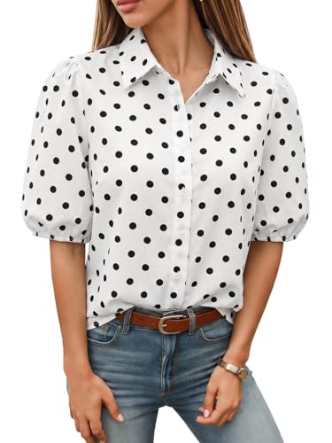 Image of Tankaneo Women's Button Down Shirts Short Puff Sleeve Collared Dressy Casual Blouse Tops