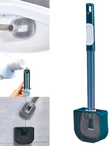 Wall Mounted Silicone Toilet Brush with Soap Dispenser In Handle, Refillable Flat Soft Bristled Silicone Toilet Cleaning Brush With Holder Set (Green)