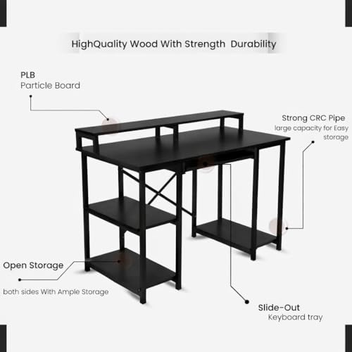 Image of INNOWIN The Woods Computer Table with Keyboard Tray for Home Office, Office Desk with Storage, Engineered Wood Finish Study Writing Computer Laptop Table Desk (Black)