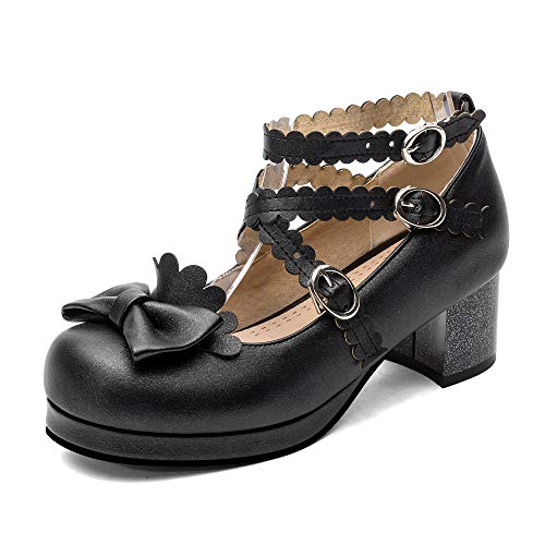 Zuqin women bow platform mary jane pumps black chunky mid heel tr…