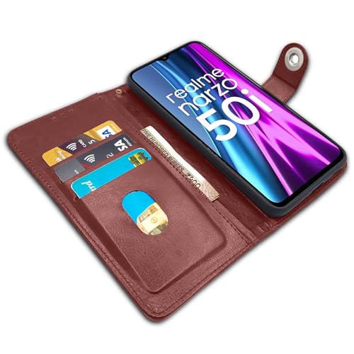 Image of Pikkme Realme Narzo 50i Flip Cover | Genuine PU Leather Finish | Full 360 Protection | Wallet Style | Inbuilt Pockets & Stand | Strong Button Closure Magnetic Flip Case for Realme Narzo 50i (Brown)