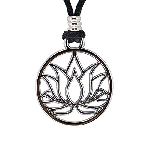 Bluerica Lotus Flower Pendant On Adjustable Black Cord Necklace (Chrome Finish) #TOP2