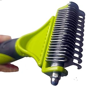 Pet Grooming Rake Stainless Dematting Brush Deshedding Detangling Matted Tool Double Sided Green Undercoat Comb w/Non Slip Handle for Dogs and Cats