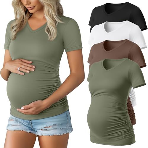 Huukeay 4 Pack Women's Maternity Shirts, V Neck Maternity Top Short Sleeve Casual Cotton Tee Side Ruched Pregnancy Clothes