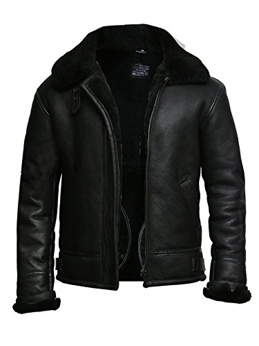 Brandslock Mens Real Shearling Sheepskin Leather Flying Aviator Bomber Jacket3