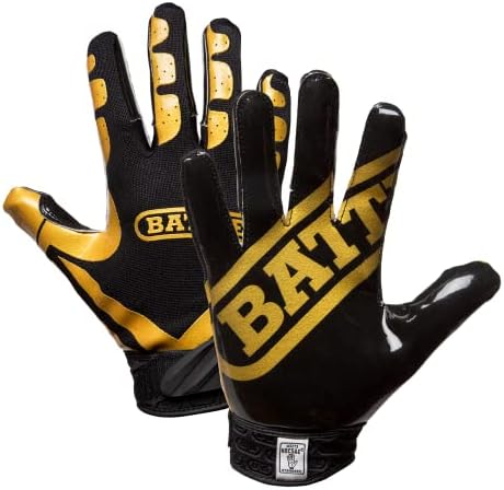 Battle Ultra-Stick Football Gloves – Ultra-Tack Sticky Palm Receivers Gloves – Pro-Style Receiver Gloves, Adult, Adult X-Large, Vegas Gold/Blac