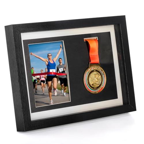 Hacaroa Medal Display Shadow Box, Single Medal and Photo Display Frame Case, Wood Marathon Medal Storage Box for Runners, All Sports Winners, Military Awards, Black