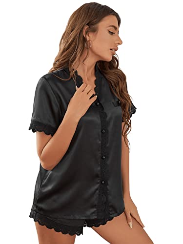 GORGLITTER Damen Satin Pyjama Set 2-teiliges Set Short Sets Kurzarm Shirt Schlafanzug mit Spitzenbesatz Schwarz L Cover