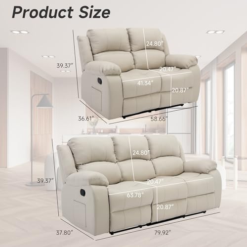 GNMLP2020 Reclining Couch Sleeper Sofa Set Chaise Lounge Chair Leather Recliner Couch Loveseat for Living Room, Theater Seating(3 Seat Sofa+Loveseat,Beige)