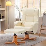 RICHRYCE Swivel Recliner with Ottoman, Reclining Chair and Footrest, PU Leather Upholstered Chair Ottoman Set with Wrapped Base for Living Room, Bedroom and Home Office, Beige