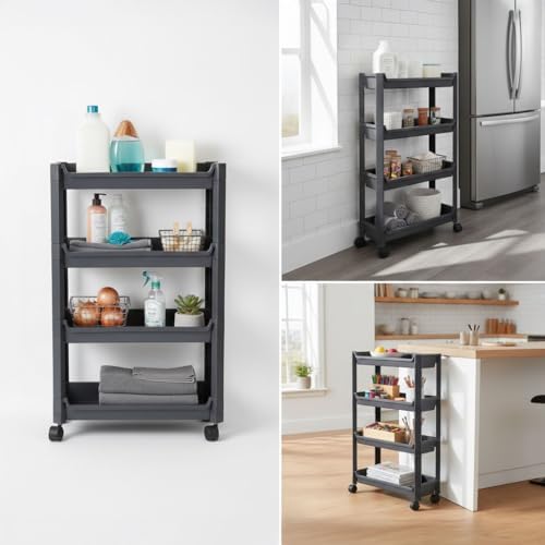 Deconox 4 Katlı Slim Tekerlekli Düzenleyici Raf - 14.5 cm Ultra İnce Tasarım Mutfak, Banyo ve Tezgah Altı Organizer - Dar Alanlar İçin Servis Arabası (46.5x14.5x67 cm) - Görsel 3